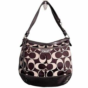 Coach Signature Jacquard & Black Leather Hobo Shoulder Bag Convertible Crossbody